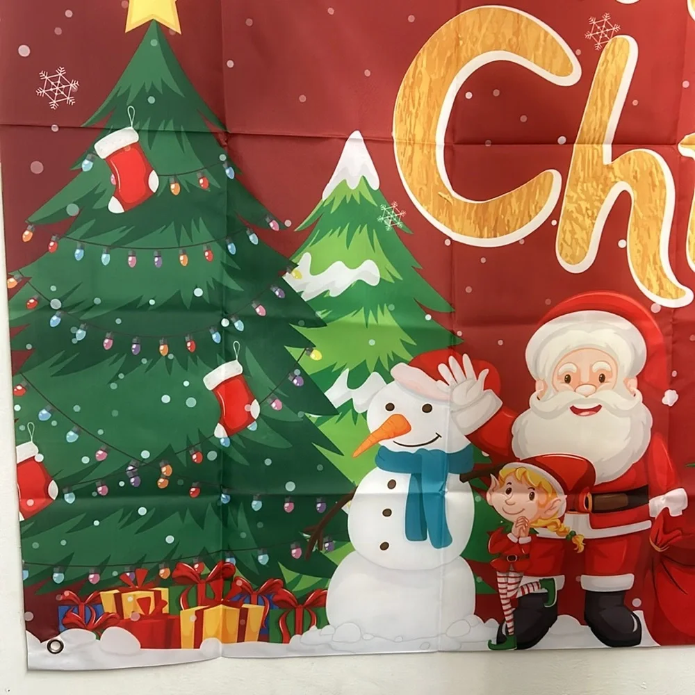 Merry Christmas background,4 ft.x 6ft. Santa,elves,showmen,red,gold,green